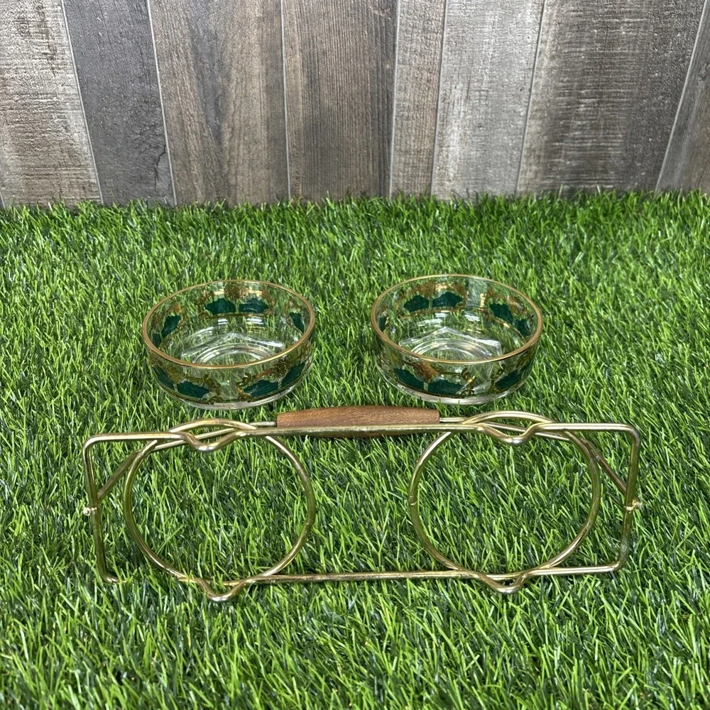 Vintage Gold Green Glass Bowls w/ Brass Tone‎ Caddy Wood Handle MCM Style Set